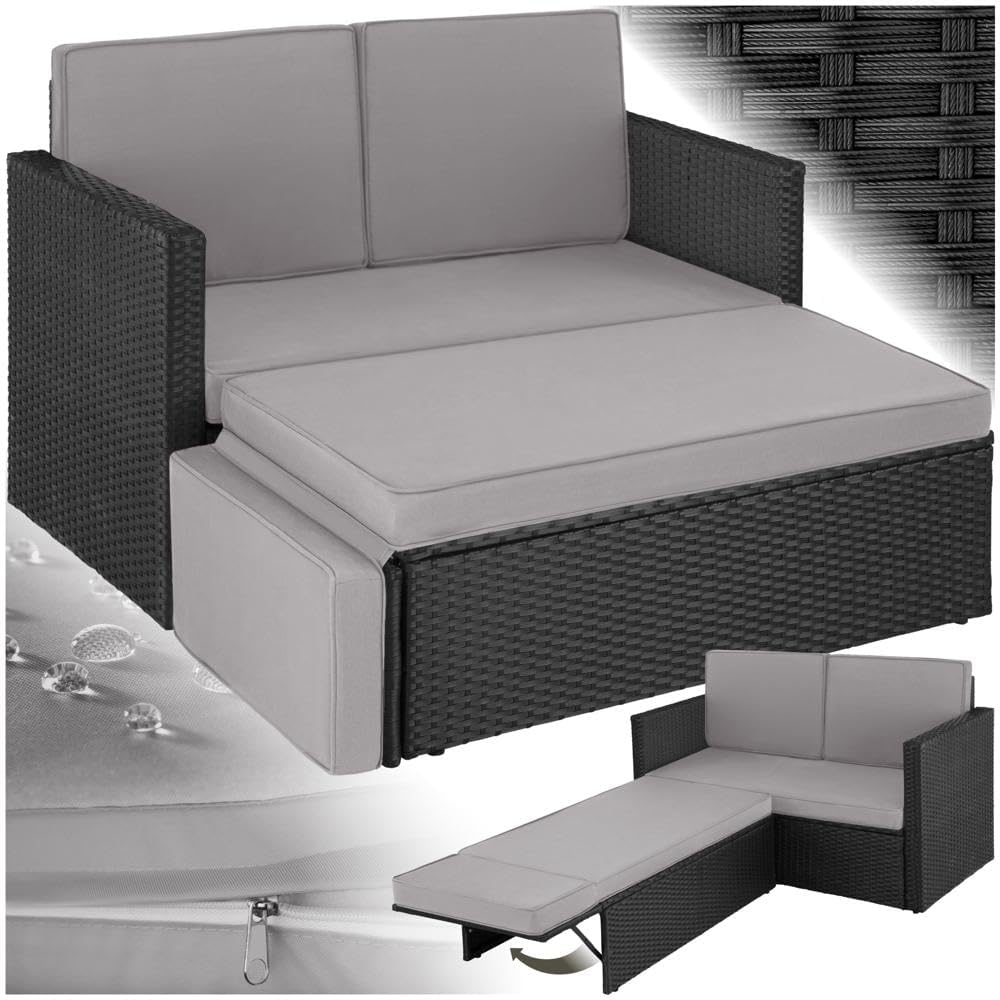 Set de sofá tectake® - Sofá de 2 plazas con taburete y función de cama, pequeño sofá de ratán como mueble de jardín exterior, resistente a la intemperie para salón, balcón y jardín, plegable con cojines impermeables - Negro