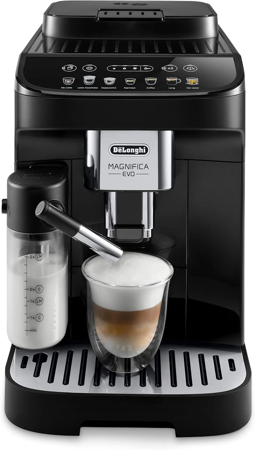 De'Longhi Magnifica Evo Ecam 292.81.B W Pełni Automatyczny Ekspres do Kawy z Dyszą do Spieniania Mleka, 7 Przycisków do Różnych Rodzajów Kaw, Intuicyjny Panel Sterowania, 2 Filiżanki, Czarny