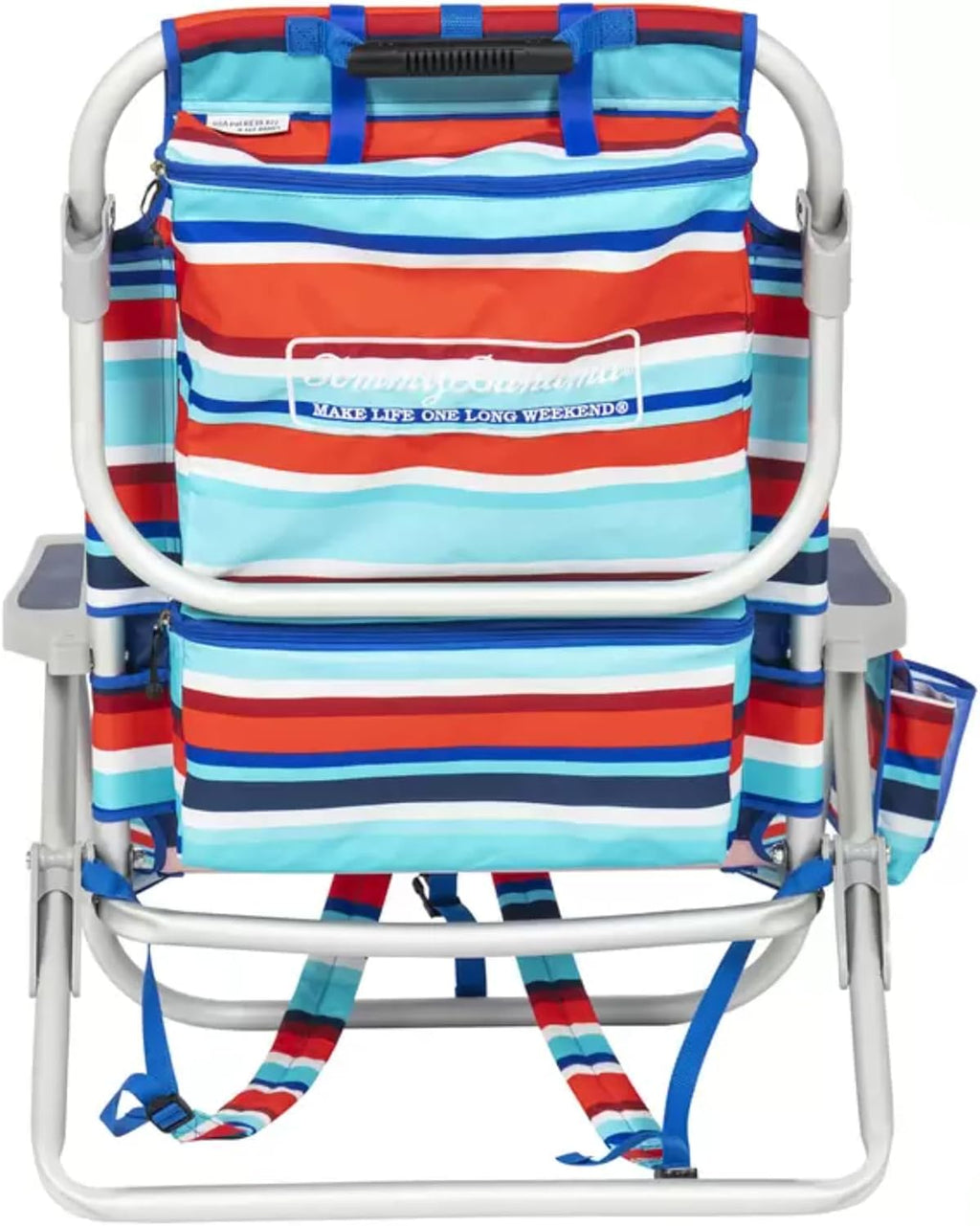 Silla de playa Tommy Bahama modelo 2025. A rayas rojas y azules.