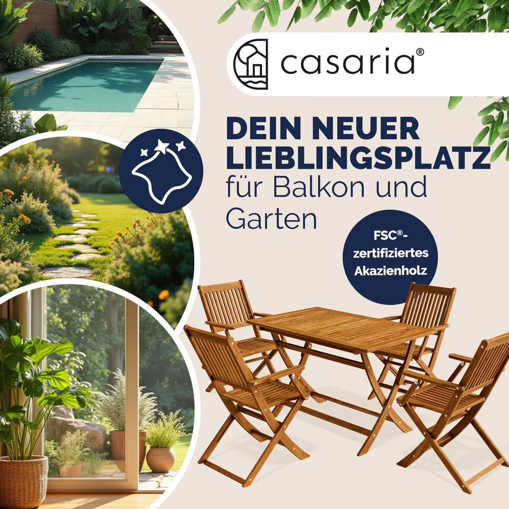 Conjunto de mesa de jardín certificado FSC para 4 personas, 200 cm, 160 kg, resistente a la intemperie, plegable, 5 piezas, acacia con reposabrazos, marrón