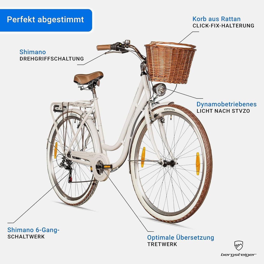 Bergsteiger Marseille 26, 28 pulgadas, bicicleta de paseo para mujer, a partir de 150 cm, cesta de mimbre, luz para bicicleta, bicicleta urbana para mujer, bicicleta de mujer con diseño retro, cambio Tourney de 6 velocidades, cambio de marchas por cadena