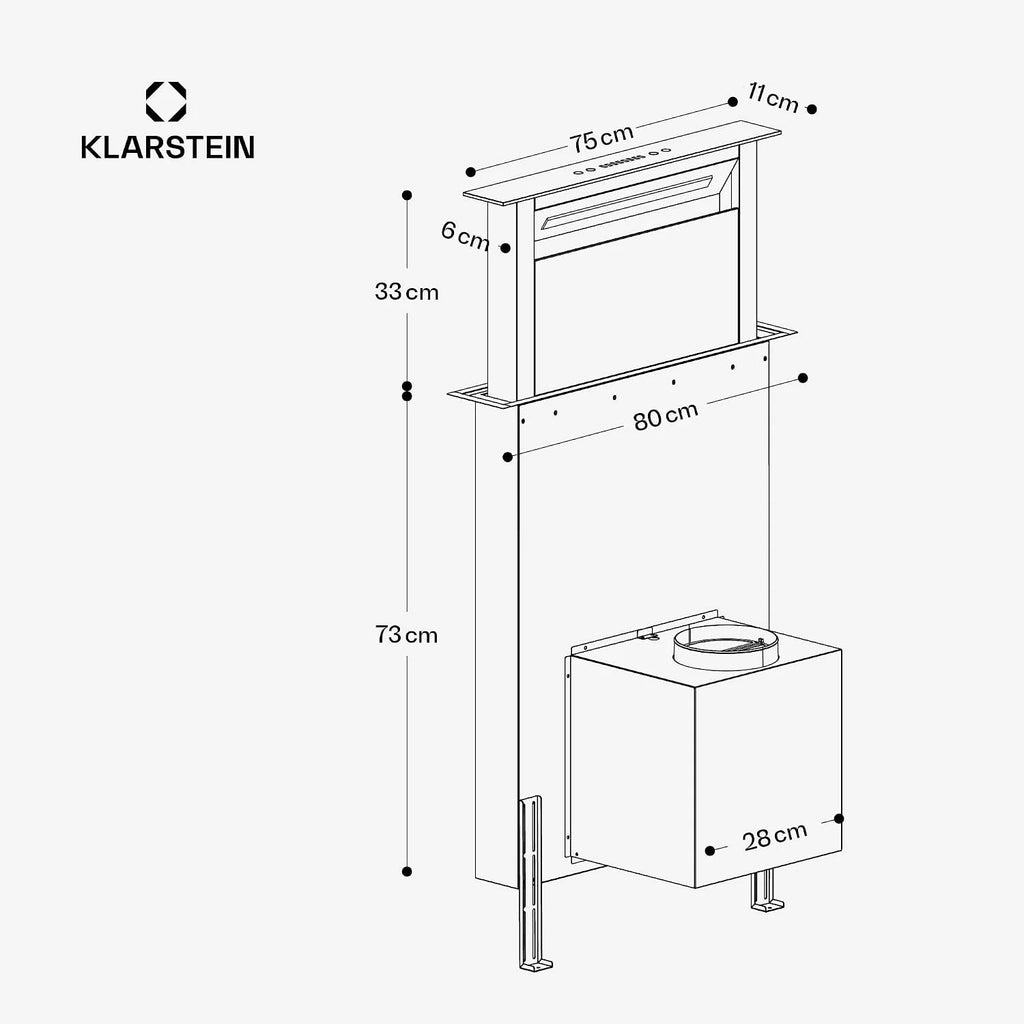 Klarstein Royal Flush Eco 75 Downdraft Okap kuchenny - Klasa energetyczna A++, Przepływ 604 m³/h, Panel dotykowy, Światło LED, Stal nierdzewna, Do wysp i kuchni, Cichy 52 dB