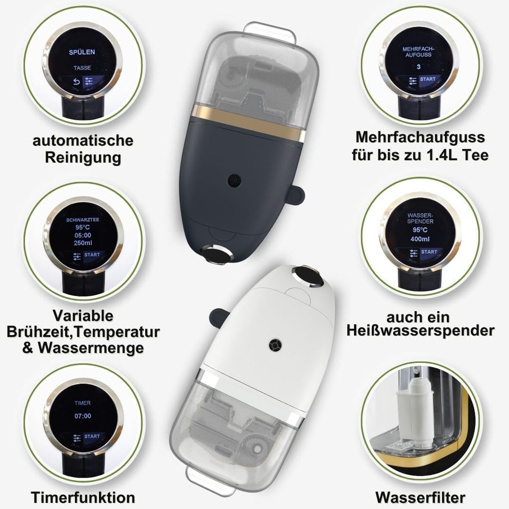 BRU Máquina de té para té a granel, hierbas y bolsitas de té - Dispensador de agua caliente y tetera en uno - SIN cápsulas, agua filtrada con solo pulsar un botón, sistema de limpieza automática (blanco/cromo)