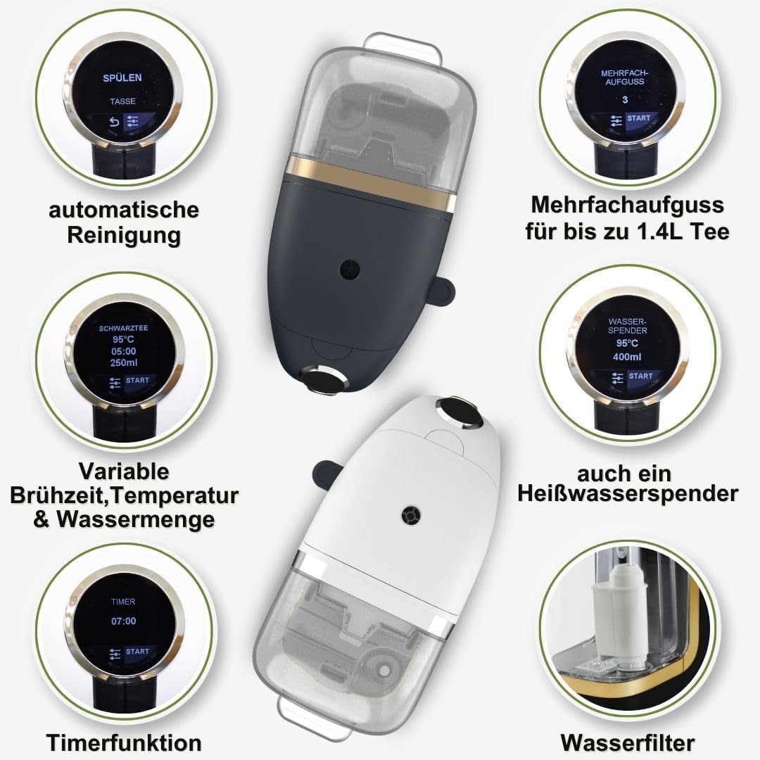 BRU Máquina de té para té a granel, hierbas y bolsitas de té - Dispensador de agua caliente y tetera en uno - SIN cápsulas, agua filtrada con solo pulsar un botón, sistema de limpieza automática (blanco/cromo)