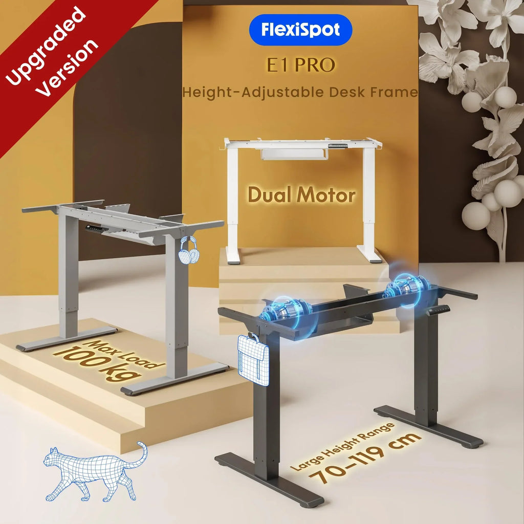 FLEXISPOT Base de mesa ajustable en altura E1 Pro motor dual, gestión de cables, pantalla LED de altura, 4 memorias, oficina, hogar.