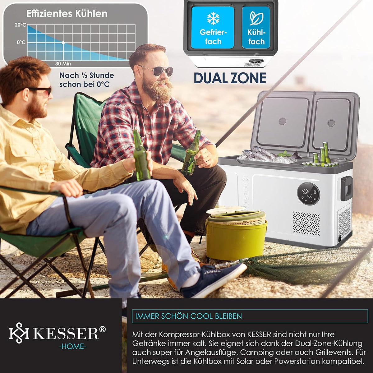 Nevera portátil con compresor KESSER 2 en 1 de doble zona, refrigeración y congelador eléctrico con 2 acumuladores de frío y panel táctil LED | Refrigerador con enfriamiento hasta -20 °C para camping, coche, camión 12/24V 230V