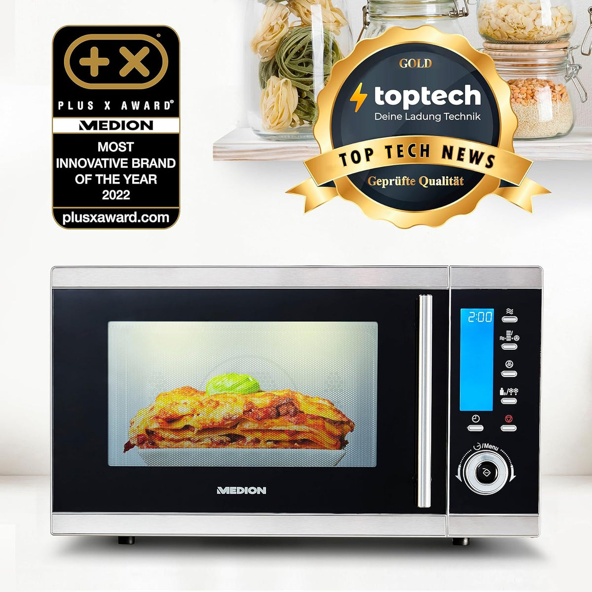 Microondas 4 en 1 MEDION MD 15501 con grill (25 litros, 900 vatios, grill de 1100 vatios, aire caliente de 2500 vatios, 10 programas automáticos) plateado