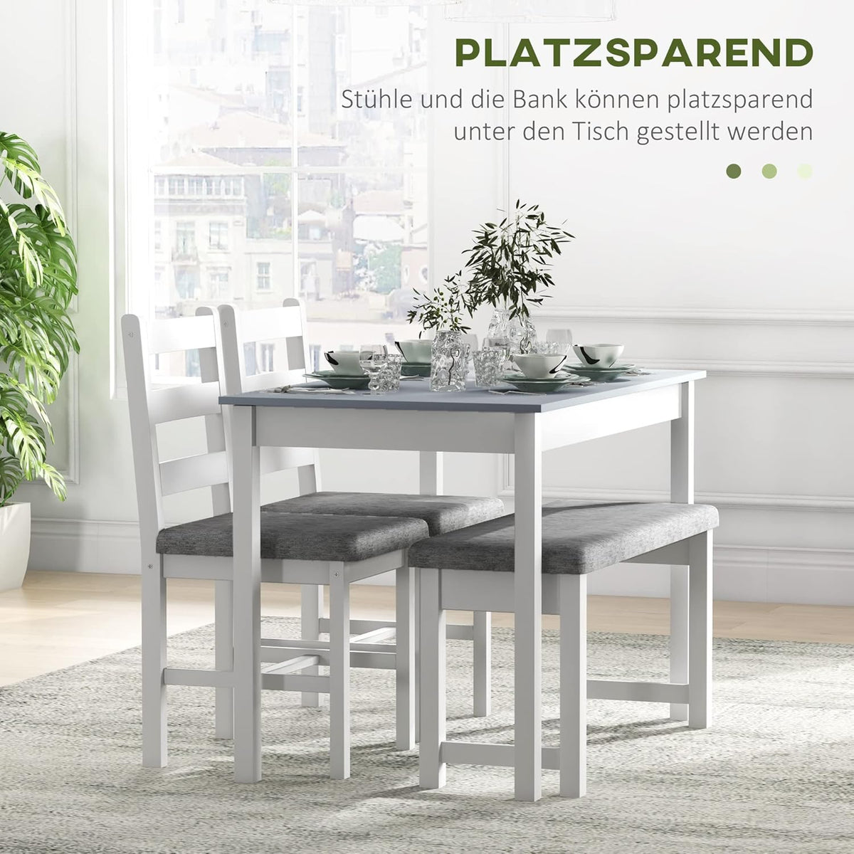HOMCOM Juego de comedor con mesa, 2 sillas y 1 banco, conjunto de comedor de madera maciza que ahorra espacio, con cojines, set de mesa de cocina para comedor y cocina, gris y blanco