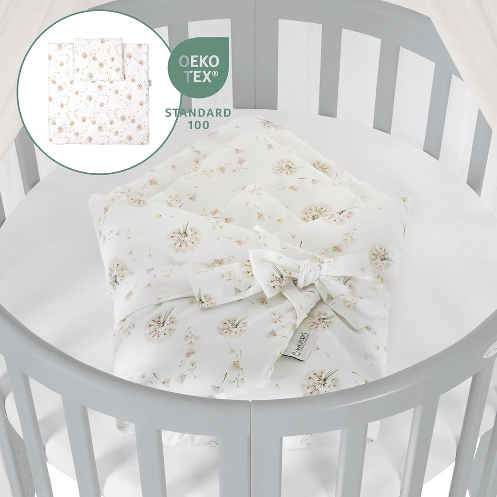 Cuna ovalada evolutiva Waldin, set completo 7 en 1, cuna de barrotes, cama infantil con colchón, cambiador, cuna colecho, madera blanca