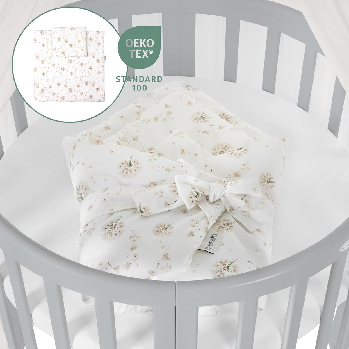 Cuna ovalada evolutiva Waldin, set completo 7 en 1, cuna de barrotes, cama infantil con colchón, cambiador, cuna colecho, madera blanca