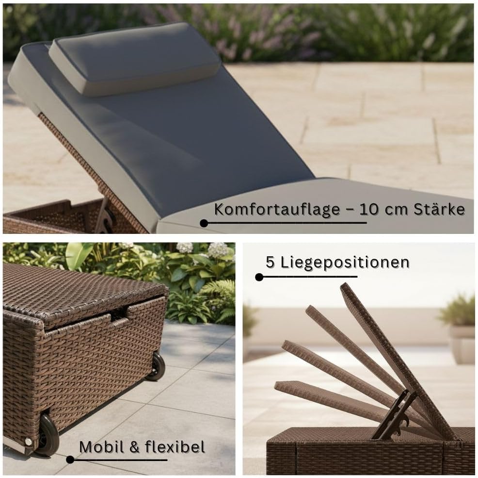 Tumbona de jardín RS Trade resistente a la intemperie de ratán sintético con ruedas – Tumbona de exterior de ratán con respaldo ajustable en varias posiciones para jardín, terraza, balcón y piscina, marrón con cojín gris