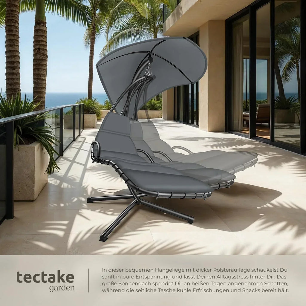 Tumbona colgante con soporte y toldo, hamaca de jardín 405123-3, tumbona relax para exterior con cojín y almohada