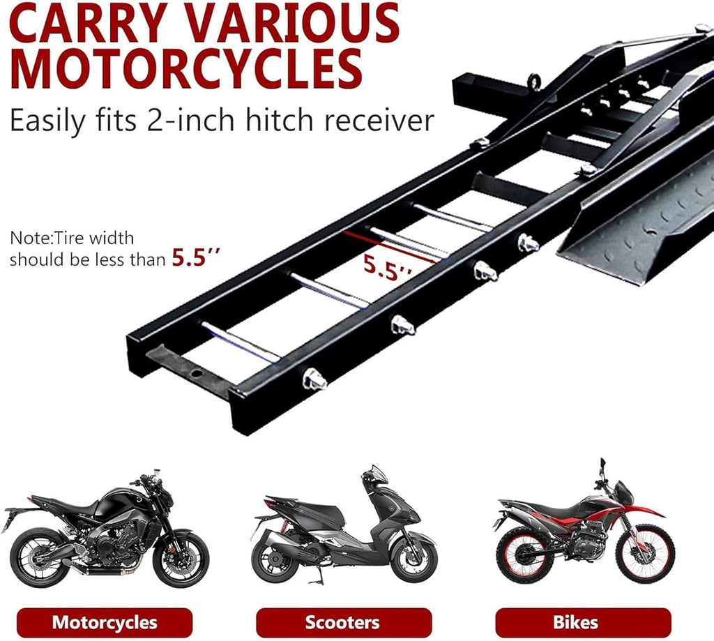 Portabicicletas para remolque, portamotos todoterreno, receptor de 5 cm/2", con rampa de carga, dispositivo de bloqueo antivuelco, soporte de moto de acero resistente para remolque
