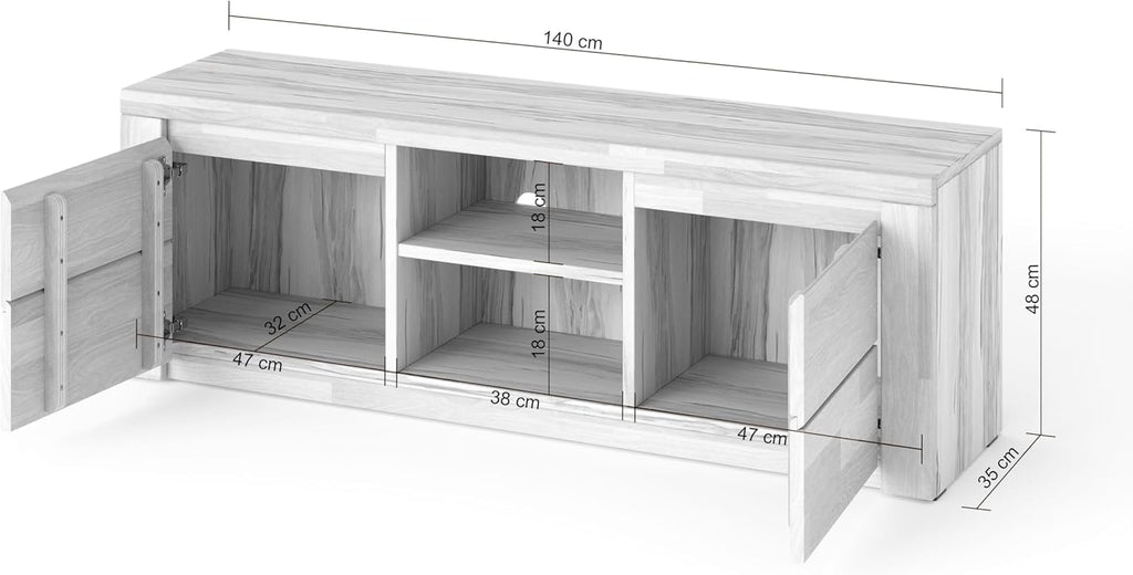 Mueble bajo para TV Kiki design Livigno de madera de haya núcleo parcialmente maciza aceitada, diseño sin tiradores, mueble de TV moderno con gran espacio de almacenamiento para su salón, con certificación FSC -