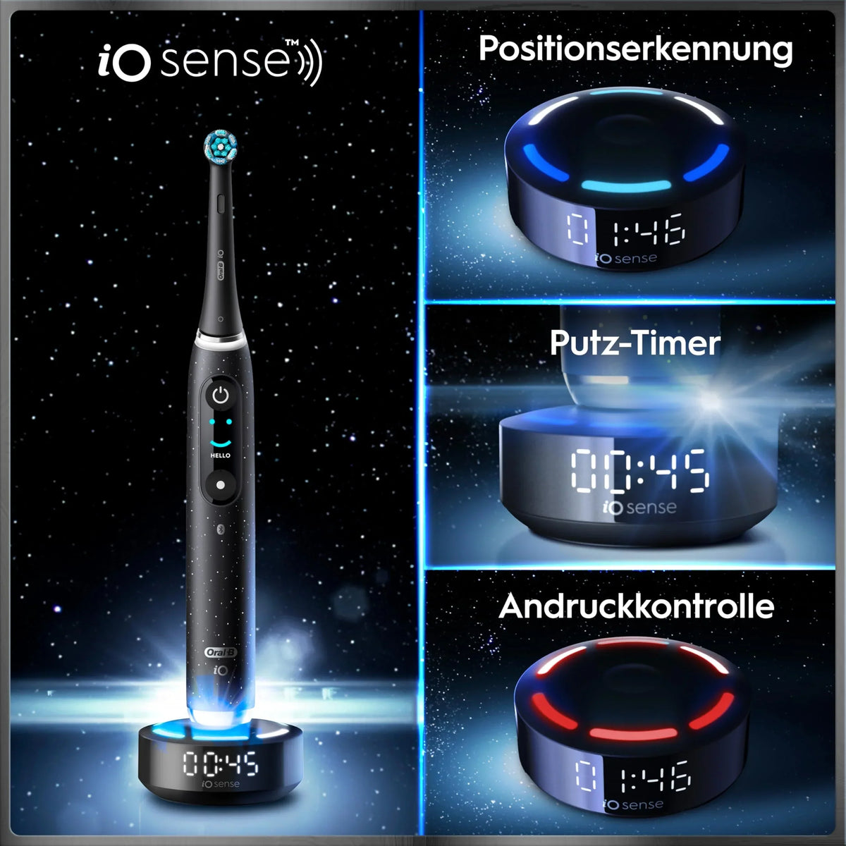 Cepillo de dientes eléctrico iO Series 10, 7 modos de limpieza, iO Sense, 3 cabezales, estuche de viaje con carga, estación de carga rápida