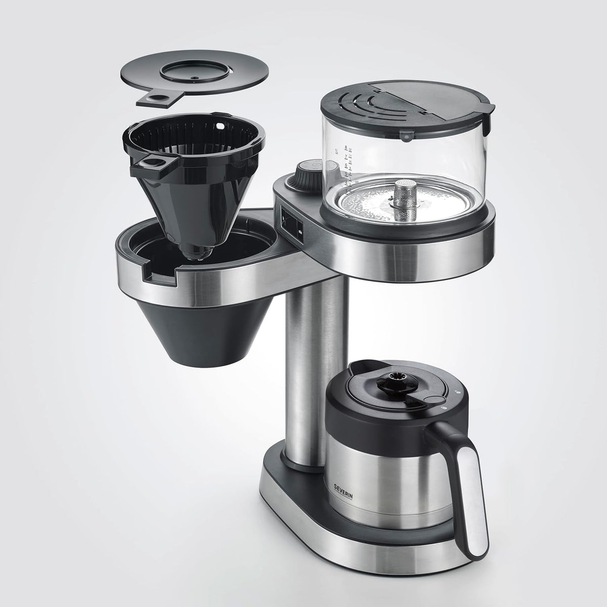 Cafetera de filtro Severin "Caprice" con jarra térmica antigoteo, como hecha a mano, cafetera para hasta 8 tazas, cafetera con temporizador, 1 l, acero inoxidable cepillado/negro, KA 5763