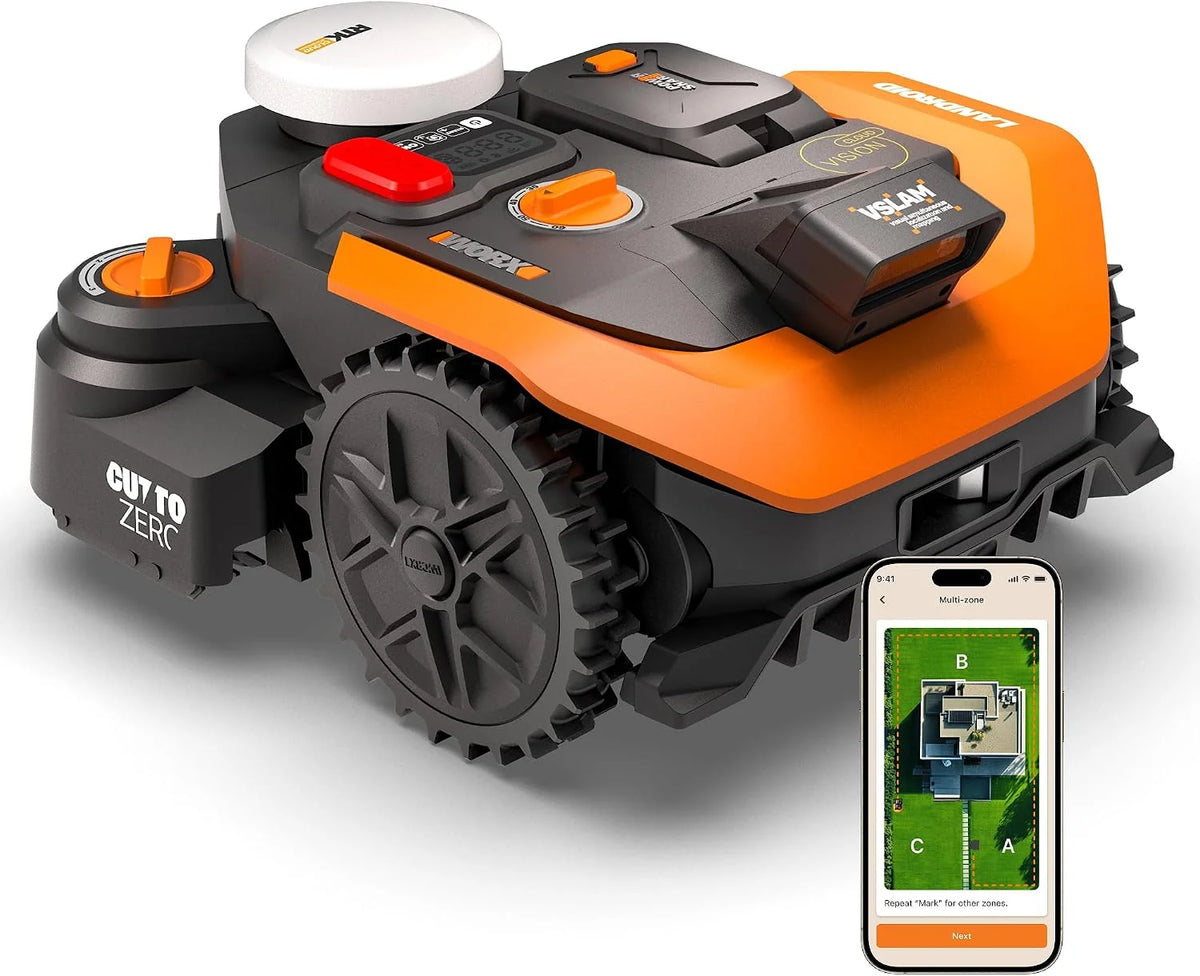 WORX Landroid Vision Cloud WR308E 2WD robot koszący bez kabla ograniczającego do 800 m² (wykrywanie przeszkód AI, nawigacja VSLAM+RTK Cloud, automatyczne mapowanie, aplikacja, Cut-to-zero)