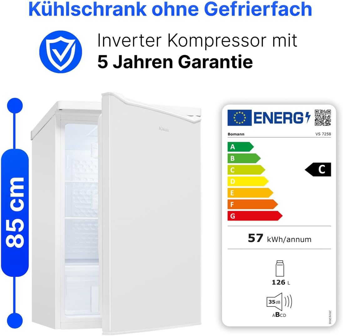 Refrigerador Bomann® sin congelador | Clase energética C | 85 cm | 5 años de garantía en el compresor | Refrigerador pequeño | 0-8 °C | silencioso 35 dB | 3 estantes | Refrigerador estándar 126 L | VS 7258 blanco