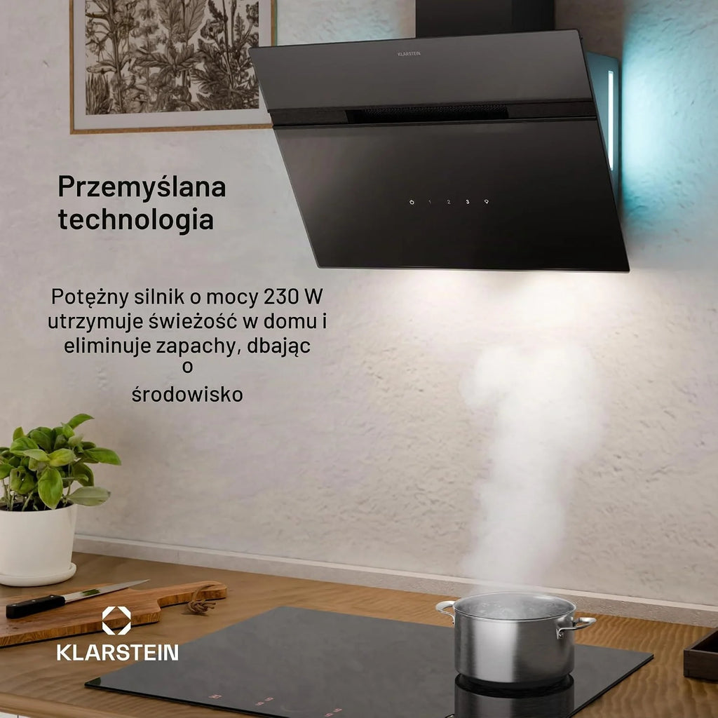 Klarstein Alina Okap kuchenny przyścienny – 60 cm, przepływ 600 m³/h, klasa energetyczna A, sterowanie dotykowe, podświetlenie LED w 9 kolorach, cichy 52 dB, czarny, tryb wyciągu i recyrkulacji