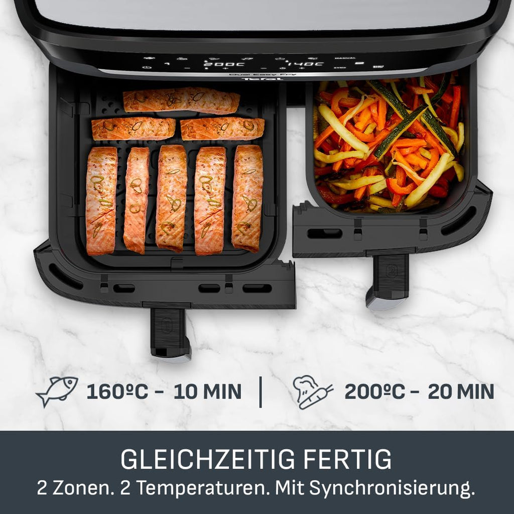 Freidora de aire Tefal Dual Easy Fry de 8,3 l: freidora de aire con 2 compartimentos y cajón XL, 7 programas, 2700 W, tecnología Extra-Crisp, fritura baja en grasa y ahorro de energía, apta para lavavajillas EY9018