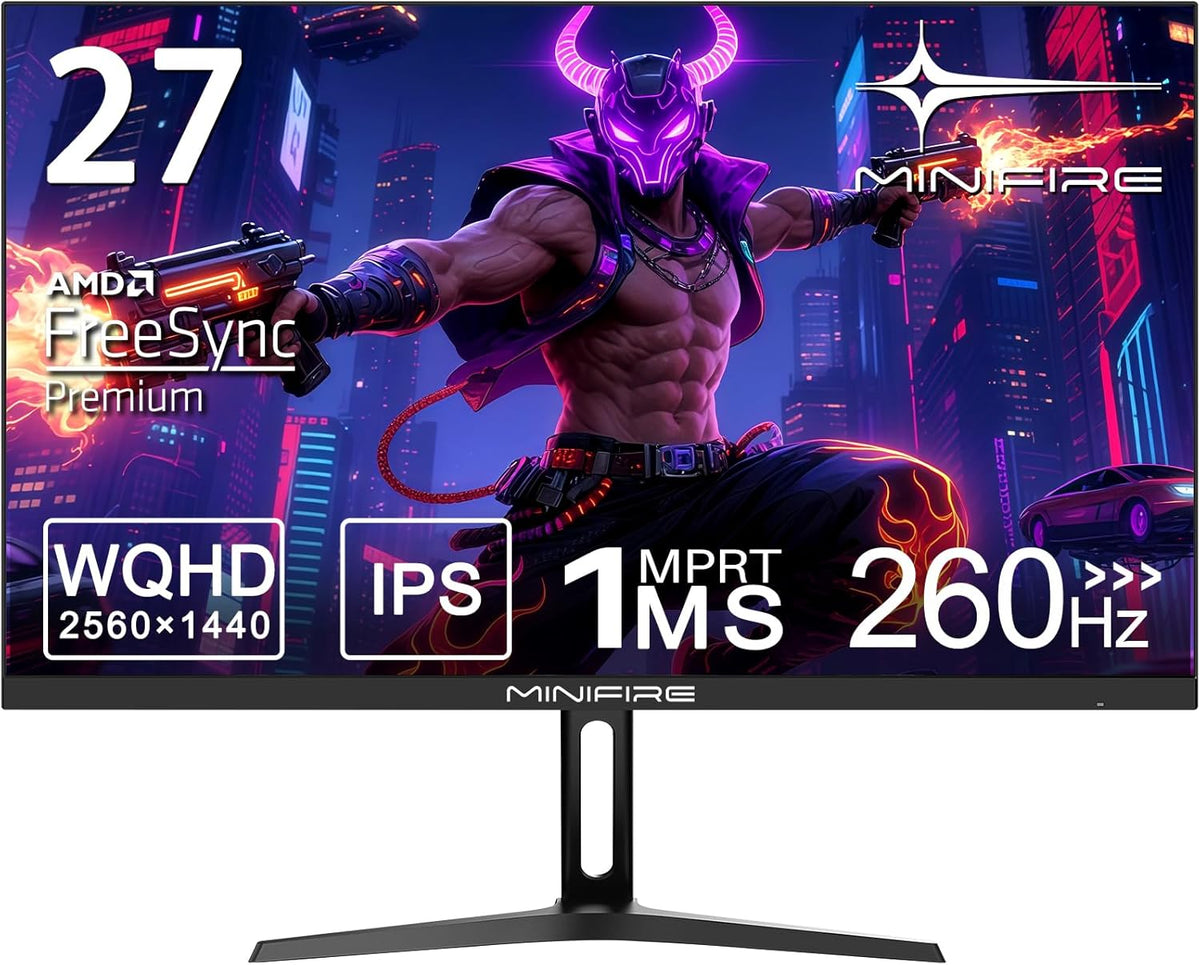 Monitor Gaming Minifire 27", 260Hz, Fast IPS, QHD 2K 2560 x 1440p, 1ms, Pantalla blanca, Freesync, 130% sRGB, HDR10, Baja luz azul, VESA 100x100, 2×DP1.4/2×HDMI 2.0 - Negro