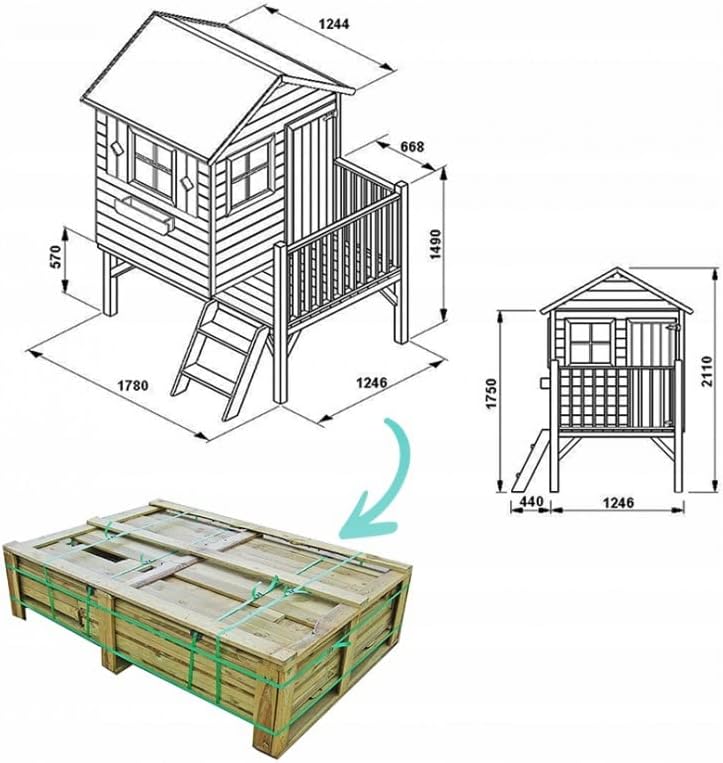Casita de jardín para niños - Casa de juegos infantil para exterior - De madera de pino cepillada e impregnada - Casita de jardín original y única - Tipo de madera: pino cepillado