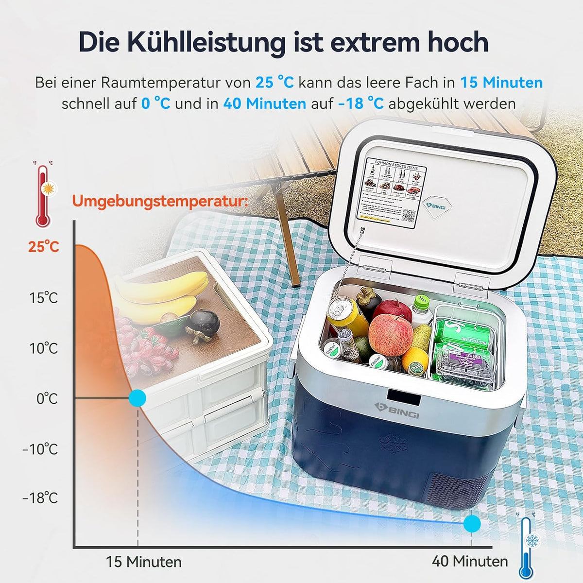 Nevera de compresor BINGI de 22L, mini refrigerador eléctrico portátil, congelador eléctrico de 12/24V CC, congelador portátil para coche, camión, picnic, camping y uso doméstico