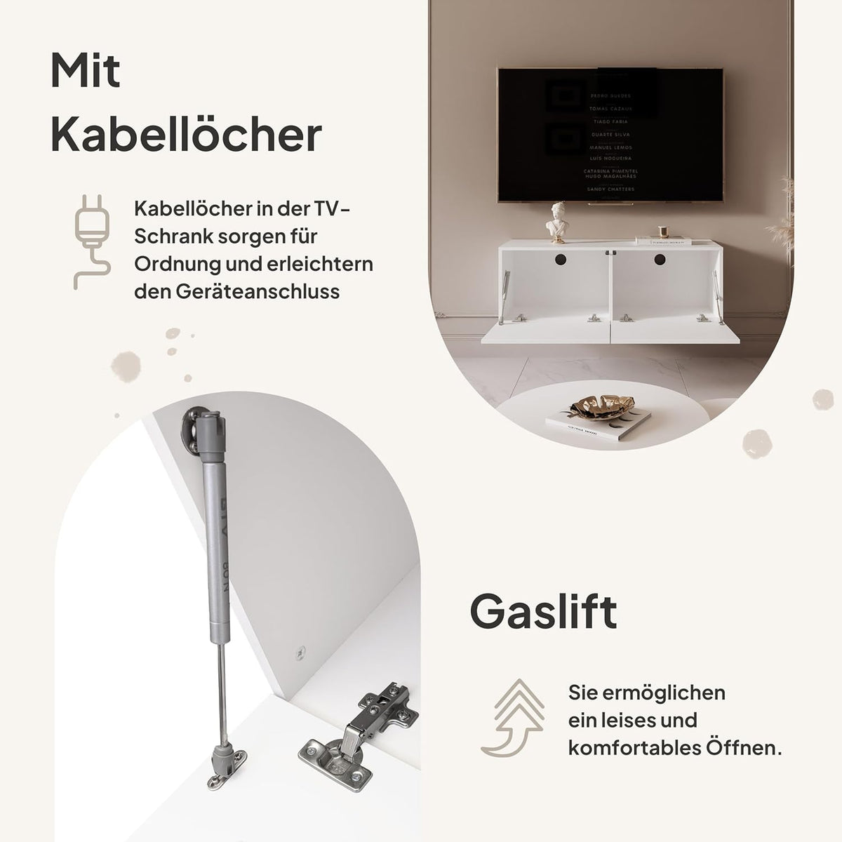 Mueble de TV de 200 cm, blanco mate, con 4 compartimentos grandes prácticos e iluminación LED - Mueble de TV colgante ideal para salones con estilo