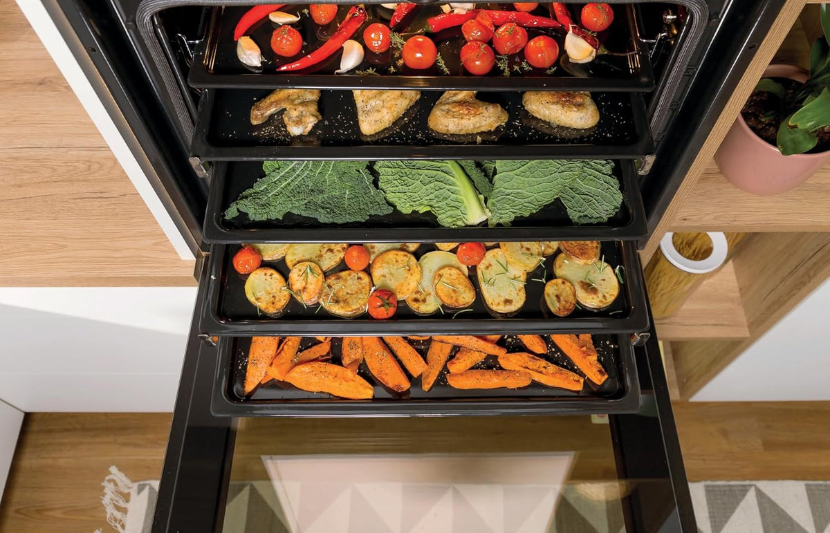 Set de horno empotrable Gorenje con aire caliente Inox Set 4 con placa vitrocerámica / 77 litros / ExtraSteam / GentleClose & Open / EcoClean / AirFry / PizzaMode / PerfectGrill / guías telescópicas / aspecto inox