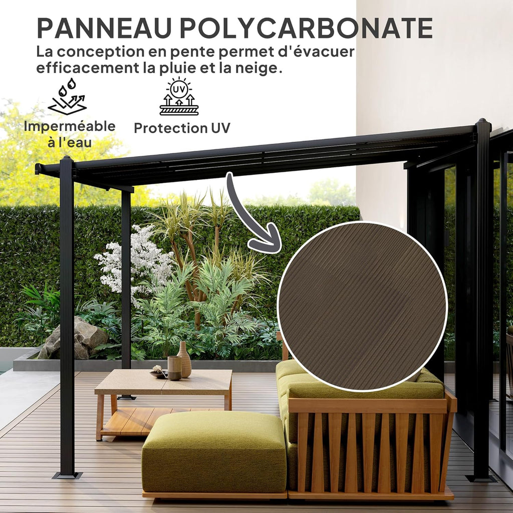 Pérgola de jardín Outsunny para exteriores de aluminio, 3 x 3 m, pérgola adosada con techo de policarbonato impermeable, sistema de drenaje, cenador con protección solar UPF30+ para terraza, patio y jardín, gris