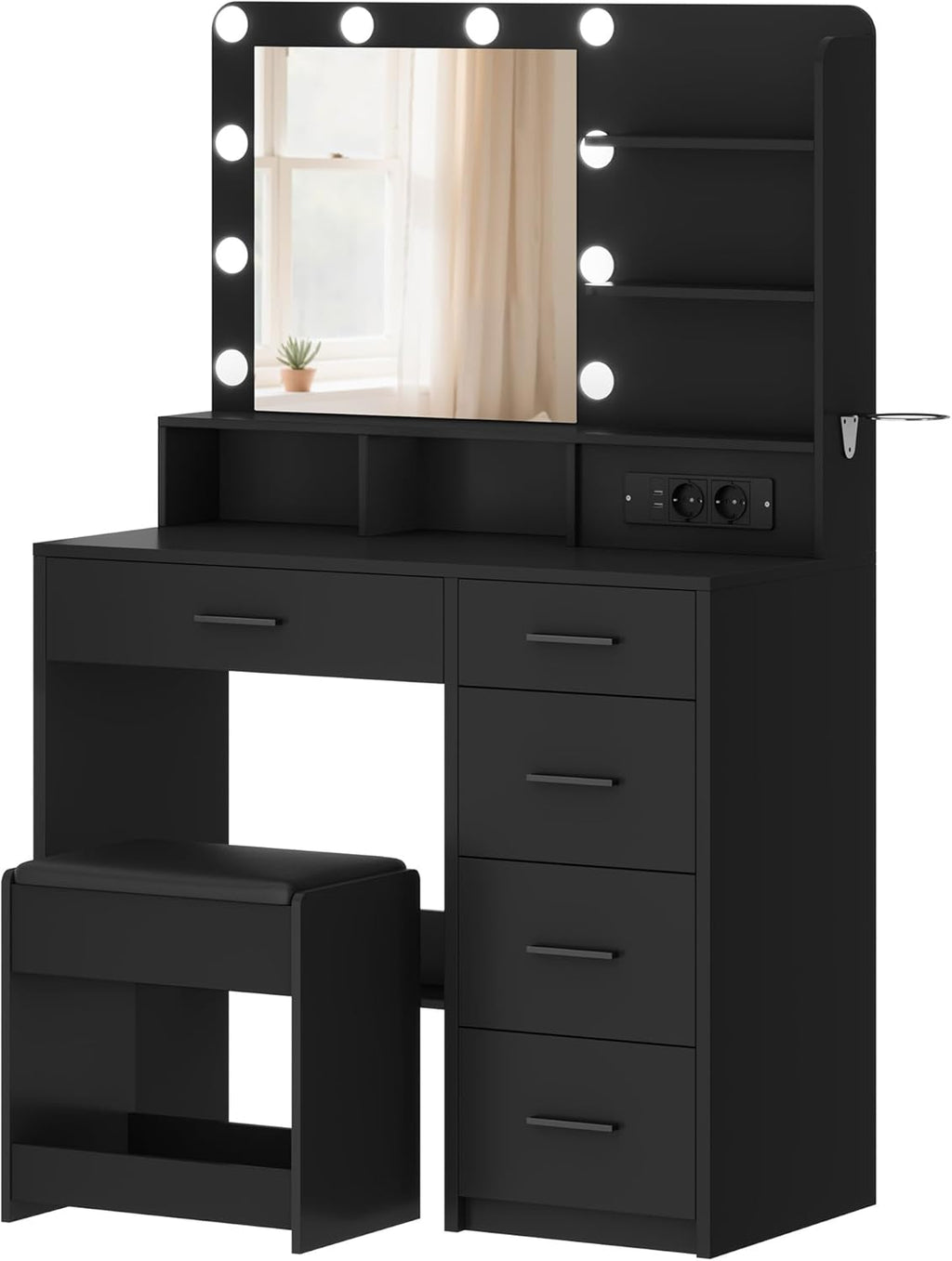 Tocador Hzuaneri con 10 luces LED, taburete, mesa de maquillaje con espejo grande, tocadores con enchufe, soporte para secador de pelo y varios cajones, negro, DT39006X