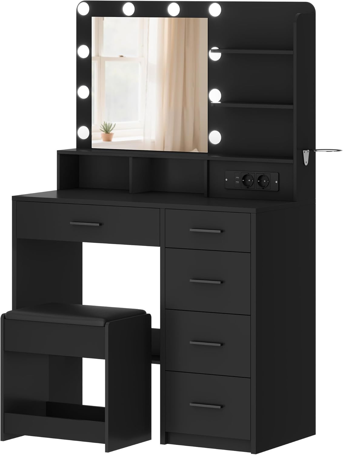 Tocador Hzuaneri con 10 luces LED, taburete, mesa de maquillaje con espejo grande, tocadores con enchufe, soporte para secador de pelo y varios cajones, negro, DT39006X