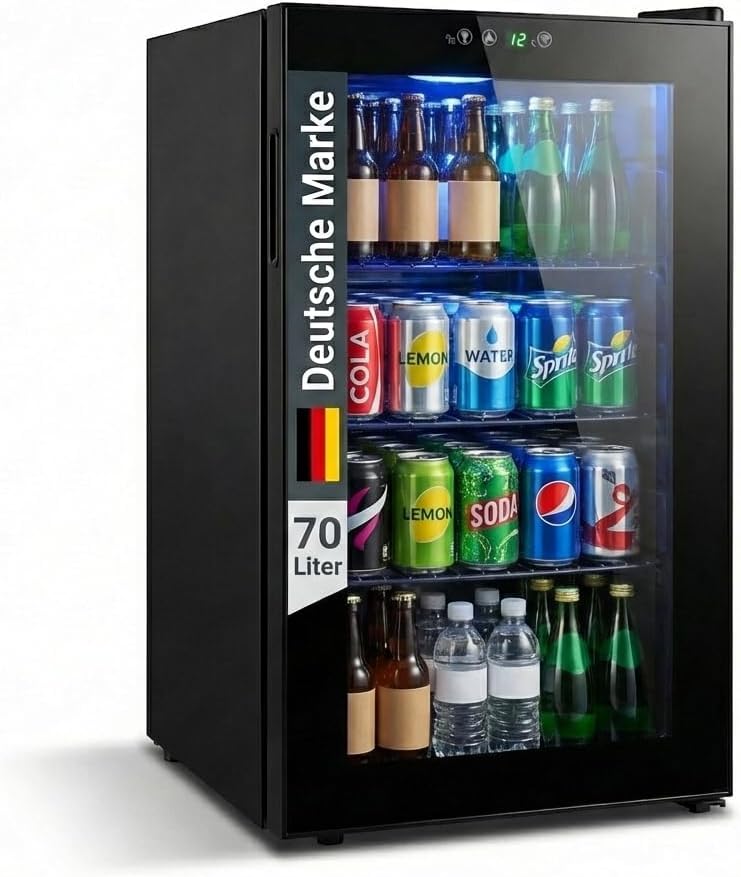 FREEZE. Mininevera de 70 L para 126 latas, refrigerador con puerta de cristal, enfriador de vino, frigorífico pequeño con estantes ajustables para el hogar/bar/oficina, sin escarcha, negro