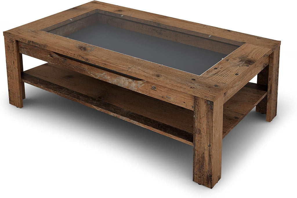Mesa de centro Ralph de byLIVING / aspecto de madera vieja de roble marrón oscuro / mesa de sofá con incrustaciones de vidrio y un cajón espacioso en marrón / mesa auxiliar con mucho espacio de almacenamiento / An 110, Al 43, Pr 67 cm