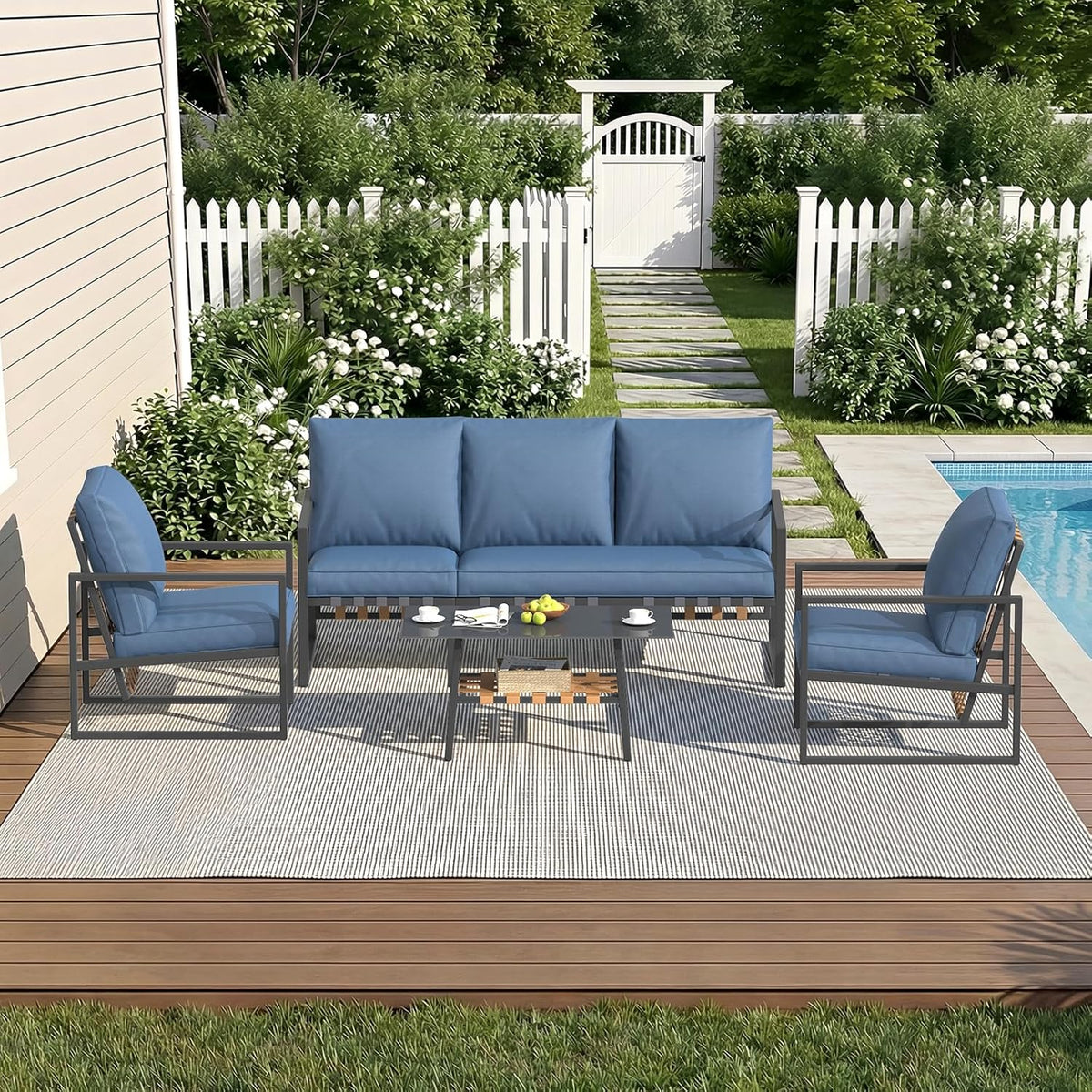 YODOLLA Juego de muebles de jardín, conjunto de 4 piezas para 4-5 personas, muebles de balcón con respaldos de ratán sintético, sofá de 3 plazas y 2 sillones con mesa de centro para jardín, azul oscuro