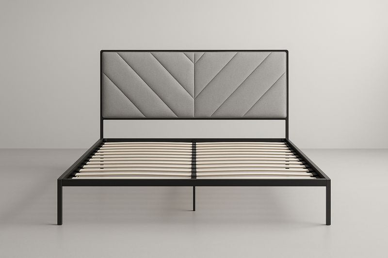 Cama matrimonial de metal con cabecero acolchado gris 160x200x100 cm