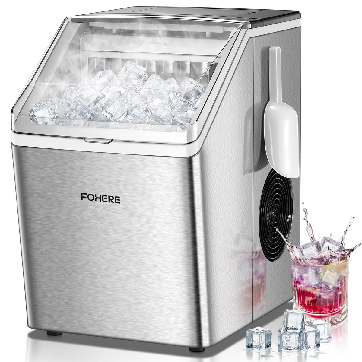 FOHERE Máquina de hielo de acero inoxidable 24 kg/24h, 24 cubitos en 10 min, 3,2 L, doble entrada de agua, 40 dB, temporizador, autolimpieza, descongelación