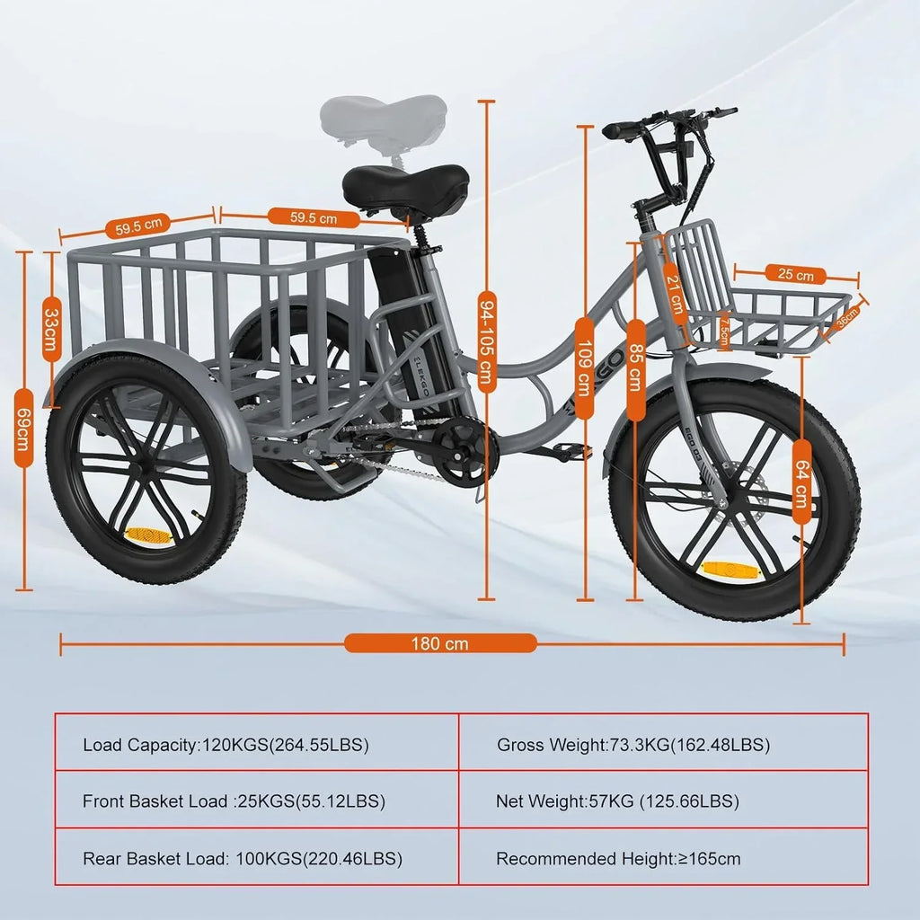 ELEKGo EGO03 Triciclo Eléctrico de Carga 500W 48V 18Ah, Pantalla LCD, Neumáticos 20x3.0