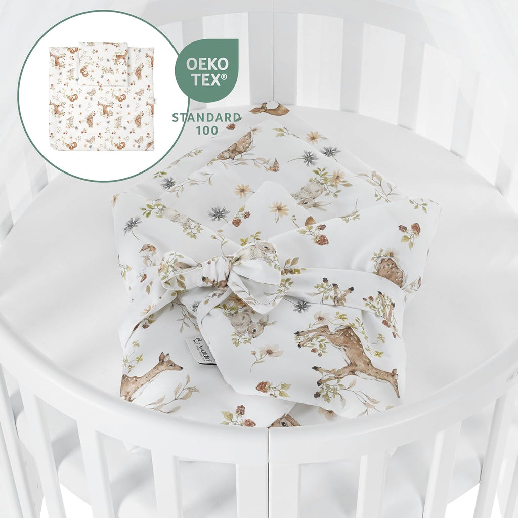 Cuna ovalada evolutiva Waldin, set completo 7 en 1, cuna de barrotes, cama infantil con colchón, cambiador, cuna colecho, madera blanca