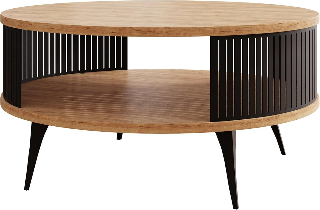 Mesa de centro Mirjan24 con estante Rajkon, forma redonda, patas de metal, mesa de café, mesas de salón, mesa auxiliar, mesa de sofá, mesa de té (roble Craft dorado, negro)
