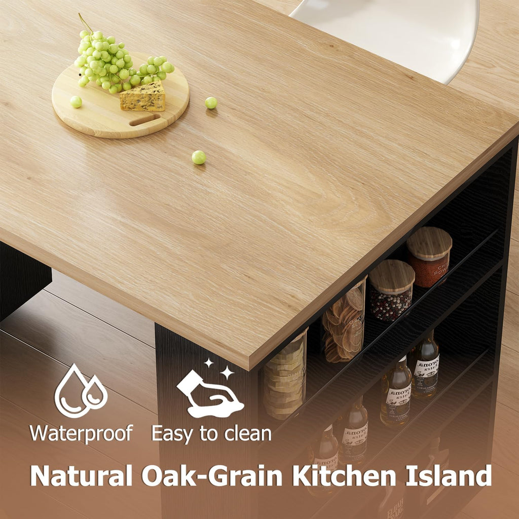 Isla de cocina IBF con asientos, mesa giratoria de 360 grados, isla de cocina con armario de almacenamiento, cajón y estantes, carrito de isla móvil con ruedas para comedor, bar en casa, color negro y roble, 184 cm