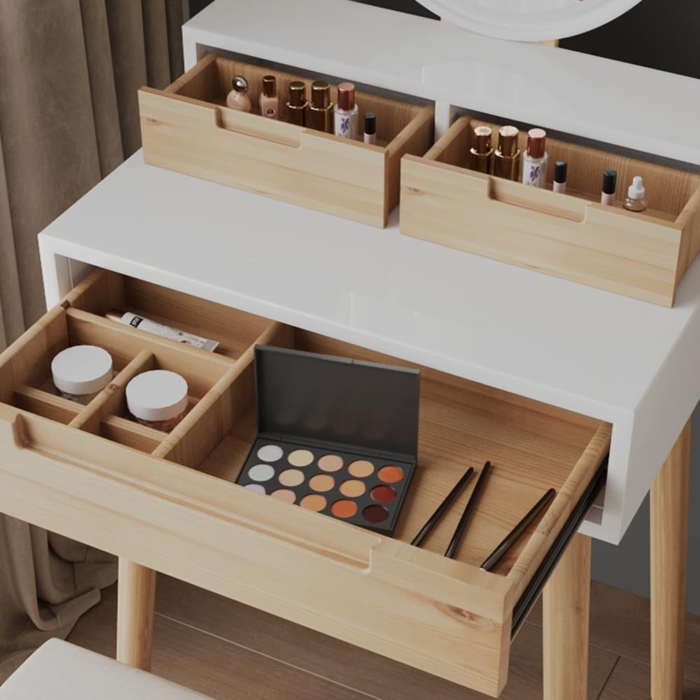YU YUSING Tocador con iluminación LED y espejo, mesa de maquillaje con 3 cajones y taburete, brillo ajustable, tocador de 60 cm para espacios pequeños, dormitorio, color madera