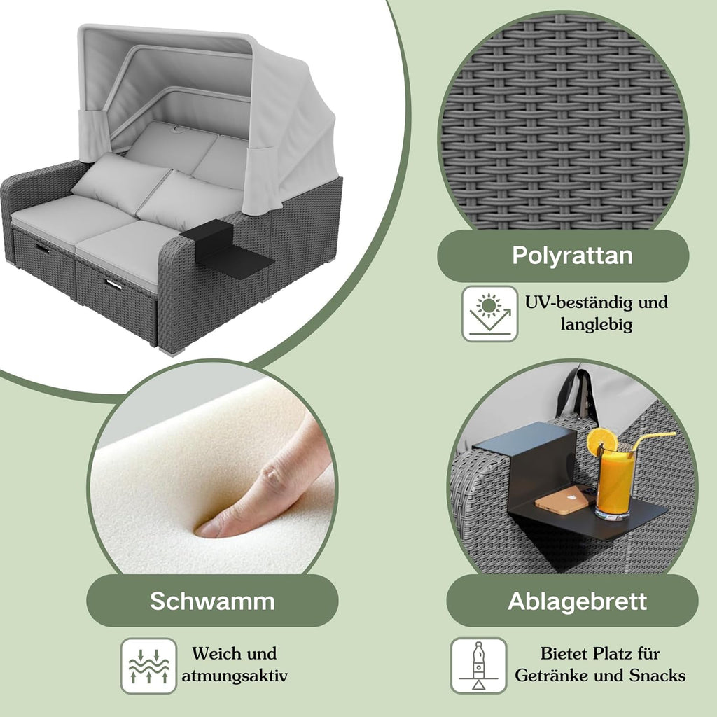 Sofá lounge de ratán sintético, sofá de jardín de dos plazas con función reclinable, tumbona de jardín con toldo extraíble, sofá lounge tipo cama de día con cojines, gris