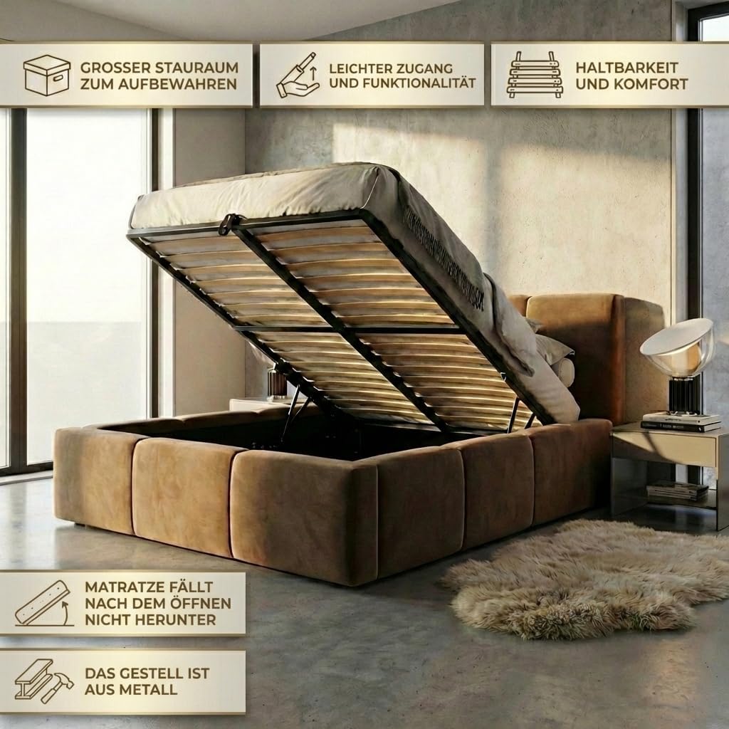 Cama tapizada A&J MöbelLand 180x200 con arcón y somier – DONA, cama con colchón y espacio de almacenamiento en gris oscuro
