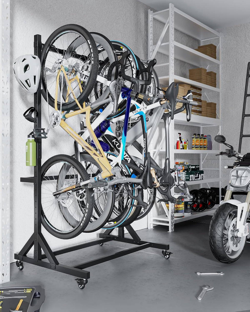 Soporte para bicicletas independiente para 5 bicicletas, portabicicletas vertical con 5 ganchos, 6 ganchos para cascos, estructura de acero, capacidad de carga de 160 kg