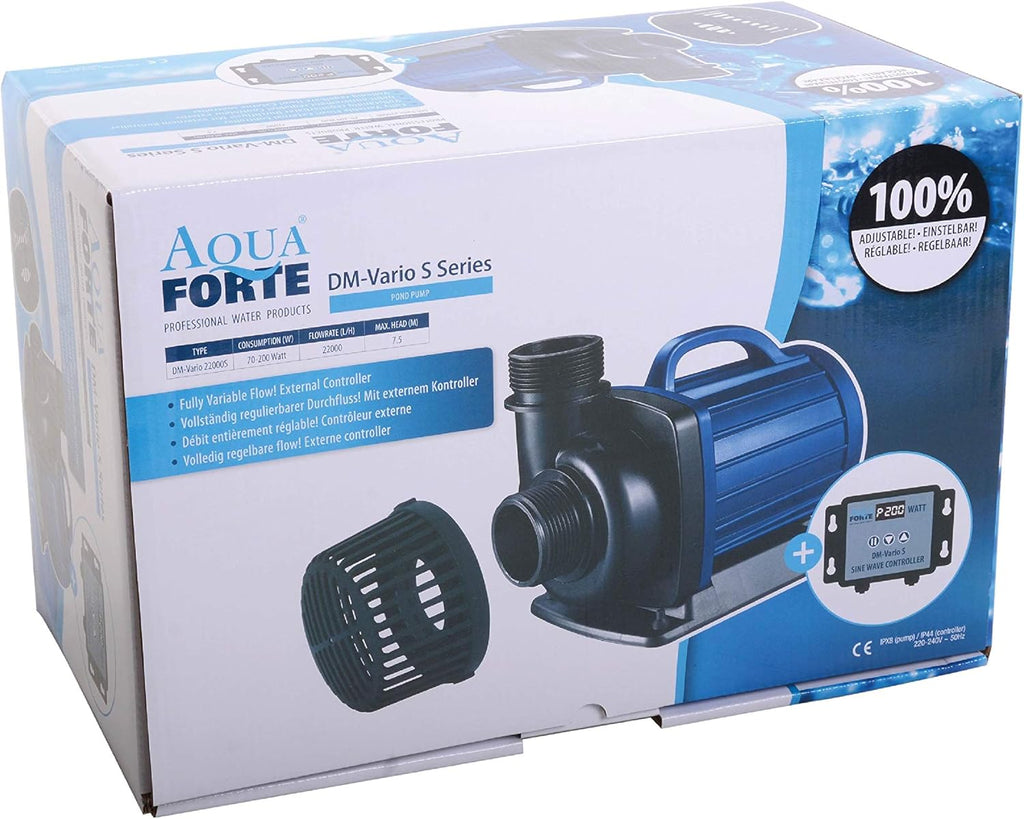 Bomba para filtro/estanque AquaForte DM-22.000 Vario S, 70-200W, altura de elevación 7,5m, regulable con controlador externo. Ideal como bomba para estanques o para arroyos/cascadas.
