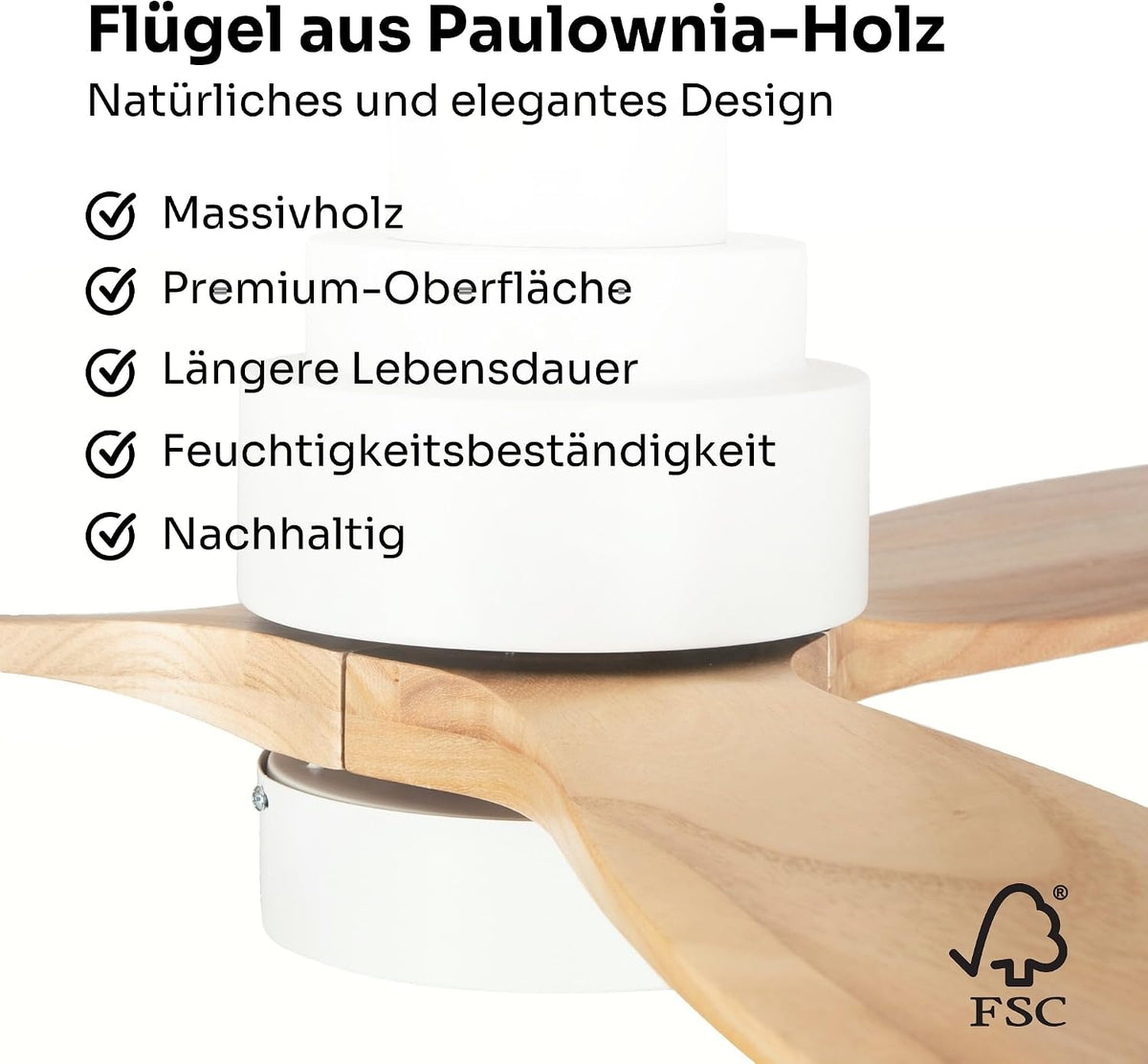Mellerware - Ventilador de techo con mando a distancia Brizy Bright | 45 W | 6 velocidades | Ultrasilencioso | 3 aspas 132 cm de diámetro | Función verano-invierno | Temporizador | LED | Madera clara