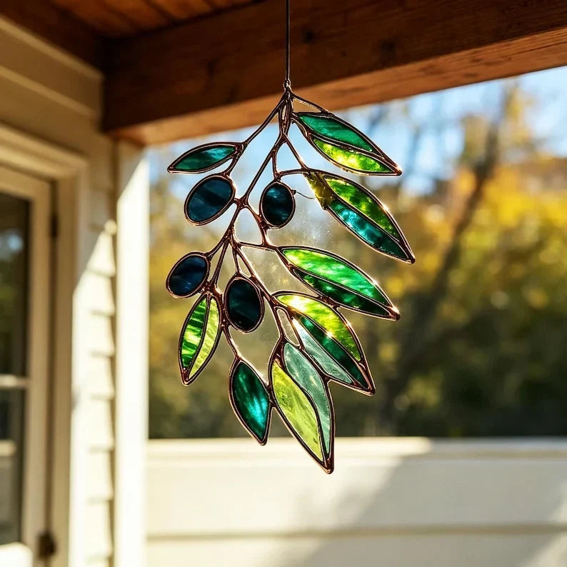 Atrapasueños de vidrieras, rama de olivo, hoja verde, colgante de ventana, decoración botánica