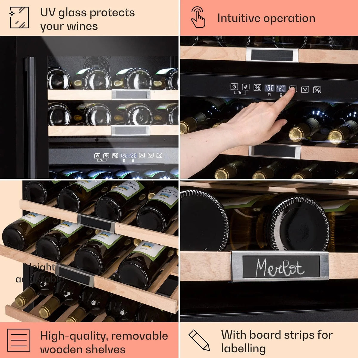Klarstein Chłodziarka do wina do zabudowy, 2 strefy, Mała lodówka na napoje, Mała szafa na wino 85L, Chłodziarka ze szklanymi drzwiami, Lodówka na butelki Indoor/Outdoor, Wine Fridge 36 butelek