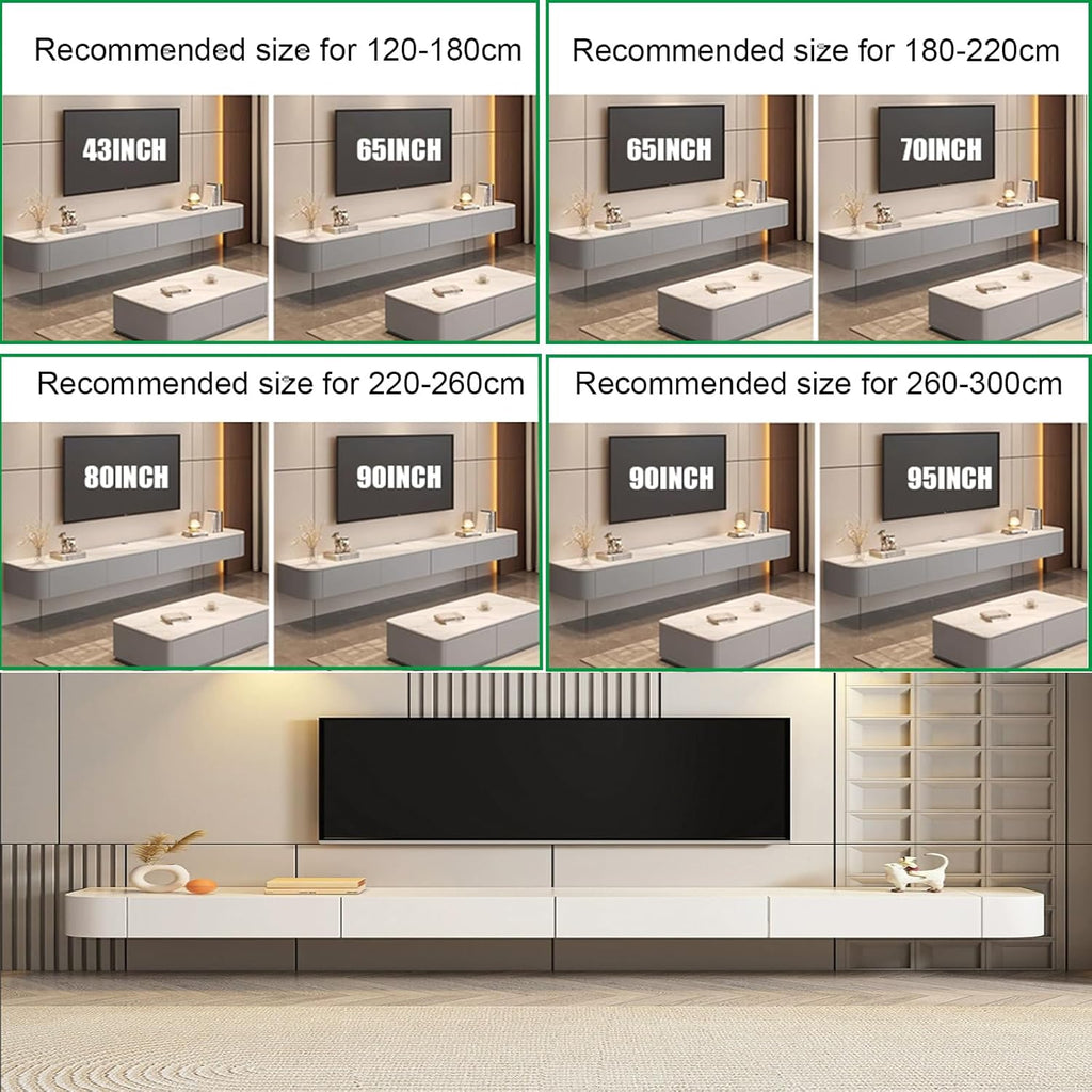 Consola multimedia para pared de TV flotante, banco de almacenamiento grande bajo TV, mueble bajo con cajones y soporte para router, (Blanco B + LED, 180 x 20 x 30 cm)